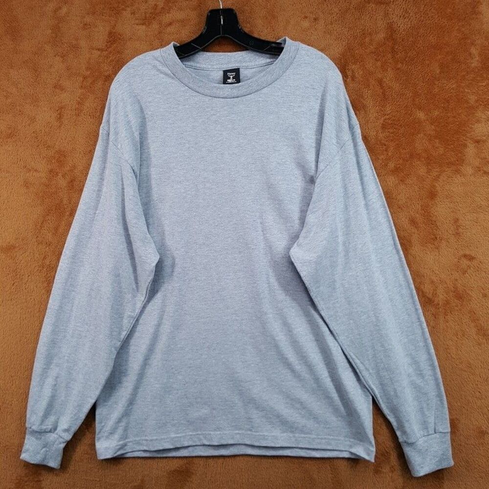 HANES Shirt Mens Large Solid Grey Pullover Crew BEEFY T T-Shirt Tee